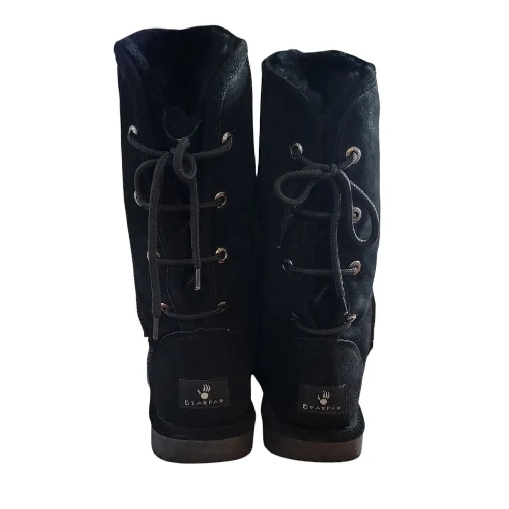 Bearpaw Emily Black Sherpa Wool Line Suede Lace-Up Boots Size 10
